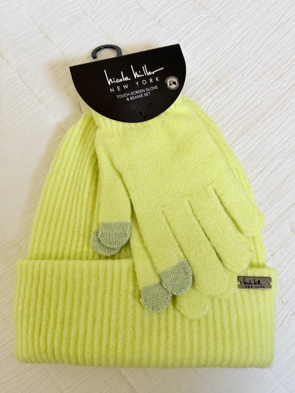 Nicole Miller New York Neon Yellow Beanie & Touchscreen Glove Set